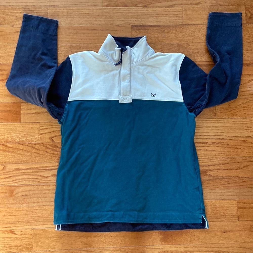 Crew Clothing Company long sleeve 1/4 zip shirt size XXL teal navy and cream